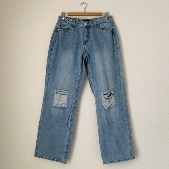 White Fox Jeans Women M Wide Leg Light Wash Blue Denim Distressed 30x31 Baggy - Picture 1 of 11